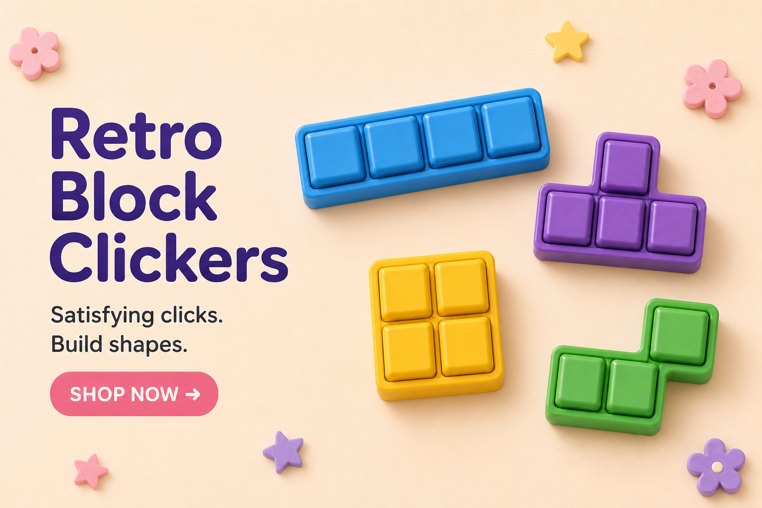 Shop PIMU Retro Block Clickers—blue bar, purple T, yellow square and green stepped clicker shapes.
