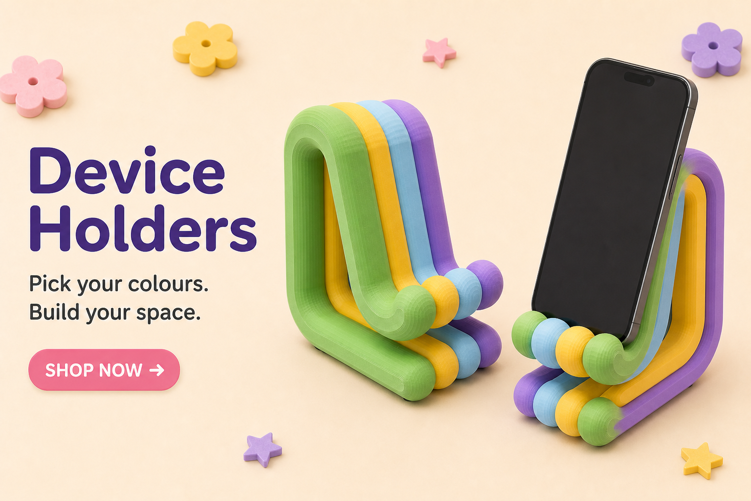 Shop PIMU Device Holders—two modular green, yellow, blue and purple stands, one holding a black smartphone.